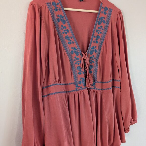 Torrid Size 2 (18/20) Rust Blue Embroidery Lace-Up Babydoll Challis Boho $59.50 - Picture 4 of 10